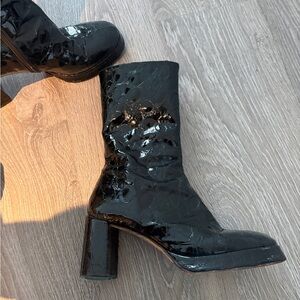 Miista Patent Croc-Embossed Dark Green Mid-Calf Block Heel Boot